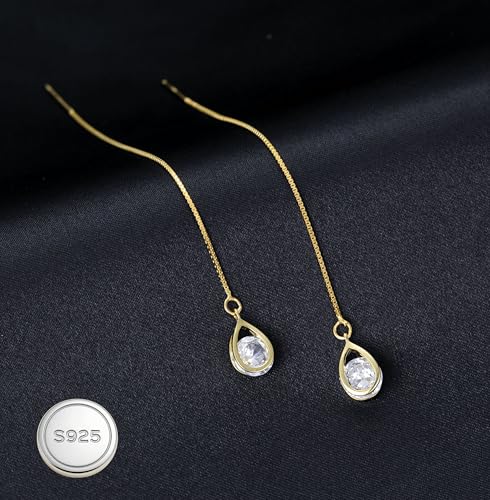 Reffeer Solid 925 Sterling Silver CZ Droplet Chain Dangle Earrings for Women Teen Girls Tassel Dangle Earrings Threader - color: B-Yellow