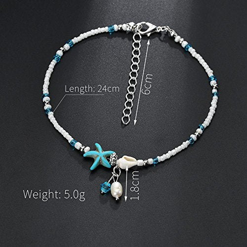 Softones Blue Starfish Turtle Anklet Multilayer Charm Beads Sea Handmade Boho Anklet Foot Jewelry for Women - style: T:Pearl