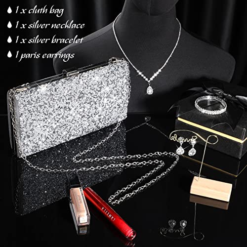 Mixweer 4 Pieces Clutch Purses Bag for Women Evening Rhinestone Jewelry Set Bling Necklace Earrings Bracelets Set for Wedding - style: Elegant Style