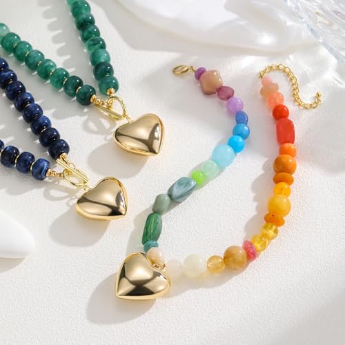 Chunky Heart Necklaces for Women Colorful Resin Beaded Necklaces for Women Gold Puffy Heart Statement Necklace Trendy Acrylic Choker Jewelry Gift - color: Deep Green