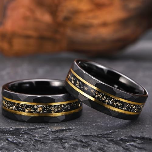 Tungsten Rings for men Black Hammered Men's Wedding bands | 8mm Inlaid Gold Foil Meteorite and Golden Grooves High Polish Matte Brushed Men's Engagement Rings Suitable for Anniversary - color: 8mm black