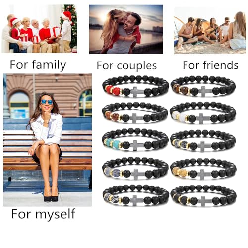 Beaded Bracelets Cross Bracelet for Women Men Lava Rock Turquoise Tiger Eye Natural Bracelet Anxiety Healing - color: 10 Pcs- black Hematite cross A