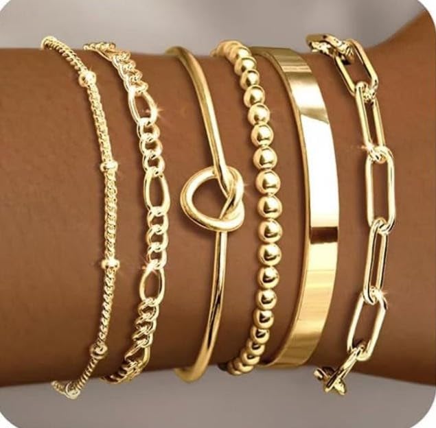 Gold Bracelets for Women, 5 Pcs Non-Tarnish Gold Plated Stackable Bangles with Beaded, Knot, Twisted, Cuff & Chain Designs, Everyday Jewelry Gifts - color: Gold-6pcs