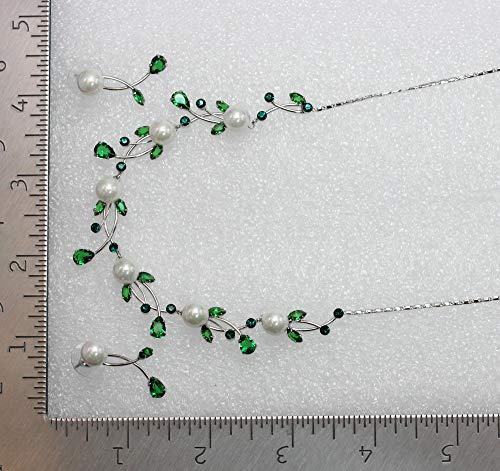 Faship Genuine 10mm Freshwater Pearls Floral Necklace Earrings Set | Premium CZ Crystal, Gorgeous, Sparkling - color: Green