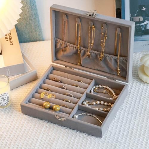 Jewelry Box for Women & Girls & Men Small Velvet Jewelry Organizer and Storage Case for Earring Ring Necklace (Gray)