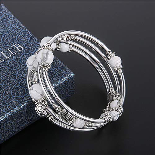 Beaded Pearl Bangle Wrap Bracelet - Fashion Bohemian Jewelry Multilayer Charm Bracelet with Thick Silver Metal Beads, Gift For Women - color: Howlite