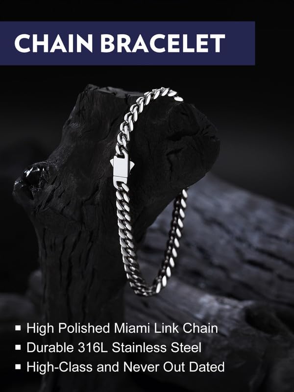 Bandmax Mens Hip Hop Cuban Link Bracelets 5/7/9/12MM Stainless Steel Miami Curb Chain Bracelet Silver/Gold Plated/Black Wristlet Chains for Men 7"-9" - color: 01 5MM-Steel