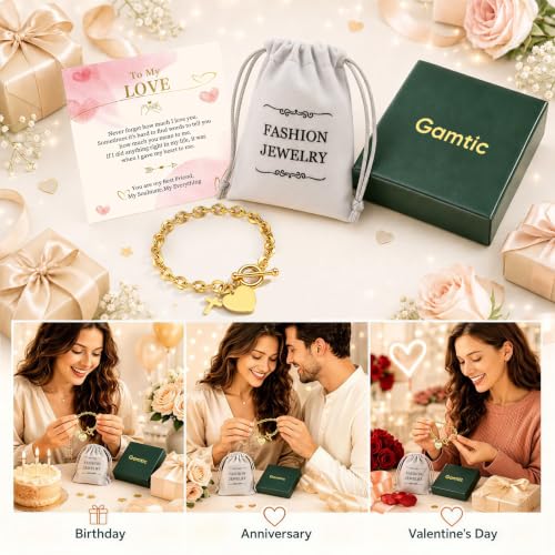 Gamtic Personalized Charm Bracelet for Women, Gold Bracelet with Cross Heart Charms, Bible Verse Christian Bracelet, Custom Engraved Stainless Steel Ot Clasp Bracelet, Faith Gifts Jewelry for Her - color: Custom Both Sides