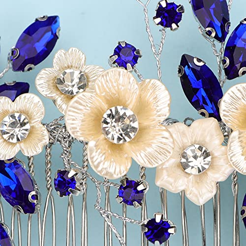 Bridal White Flower Blue Crystal Rhinestone Hair Comb for Bride Bridesmaid Sliding side Headpieces Wedding Hair Accessories for Women and Girls (Blue) - color: Blue