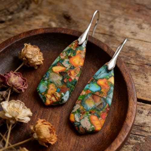 Boho Natural Imperial Jasper Teardrop Dangle Earrings for Women – Hypoallergenic French Hook Stone Drop Earrings Jewelry - color: Colorful Silvery Hook
