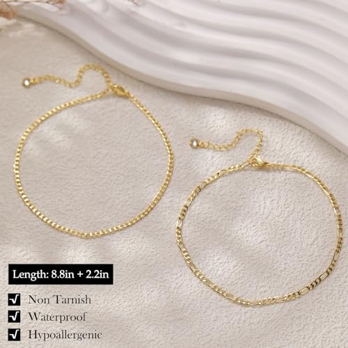 Gold Silver Ankle Bracelets for Women Waterproof 14K Gold Plated Anklets for Women Non Tarnish Dainty Layered Beaded Heart Anklet Set Summer Beach Foot Chain Jewelry Gifts Trendy Stuff - color: C- Waterproof Anklets- Gold