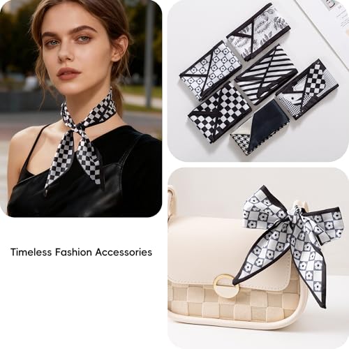 ZXZH 6 Pack Fashion Scarves for Women, Versatile Boho Head Scarf | Satin Scarf for Hair, Neck, Wrist, and Purse Accessories - color: Black & White Check