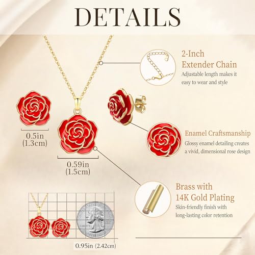 Enamel Rose Necklace and Earrings Jewelry Set for Women | 14K Gold Plated,Rose Represent: Love Gratitude Prid,Adjustable Chain Fit,Elegant Sets for Daily and Party Wear,Gift Box - color: Red