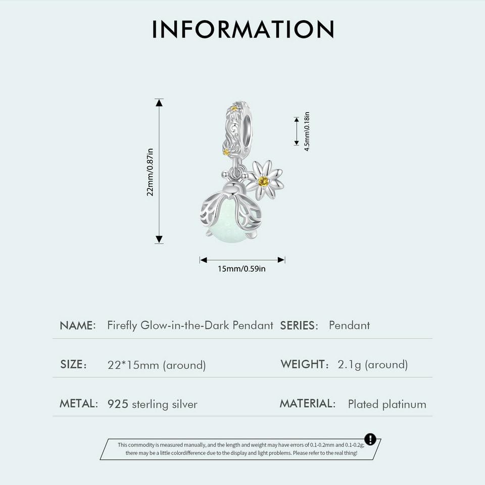 BISAER 925 Sterling Silver Charms for Bracelets Cat Dog Sloth Animal Beads Butterfly Fairy Heart Dangle Pendant Charms - color: Luminous Glowworm