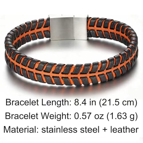Men's Leather Bracelet, Stackable Stainless Steel Clasp Bracelets for Men Stylish Birthday, Thanksgiving, Valentine's Day Gift for My Man (8.4" Orange and Black) | Men's Accessory, Leather Band, Stainless Steel, Wrist Bracelet