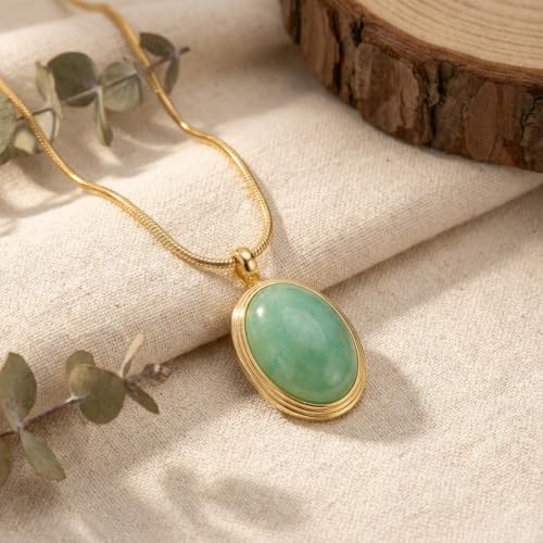 Sonateomber Gold Stone Pendant Necklace for Women, Chunky Statement Dainty Heart Oval Natural Gemstone Dangle Necklaces Wedding Prom Accessories Fashion Jewelry Gift - color: Mint Green