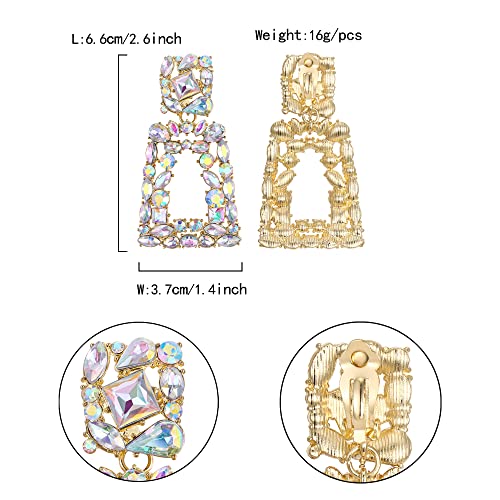 Flyonce Rectangle Clip-on Drop Earrings for Women, Sparkly Rhinestone Crystal Geometric Statement Non Pierced Earring Wedding Prom Party Jewelry for Brides Bridesmaid - color: Iridescent Clear AB Gold-Tone