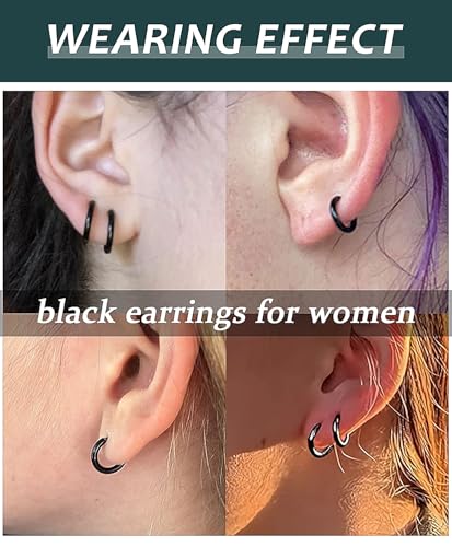 Surgical Steel Huggie Hoop Earrings & Flat Back Studs for Women Men, 6mm-14mm Small Hoops for Cartilage Helix Tragus Lobe, 1-10 Pairs Multiple Piercing Jewelry Set for Sensitive Ears - style: 1Pair,Black,10mm(THK:1.6mm)