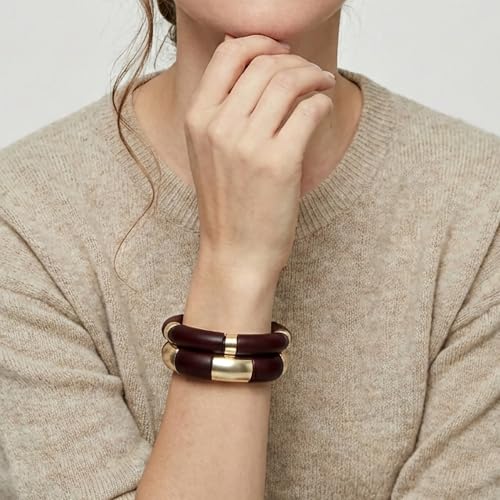 GOOJIDS Simple Beaded Gold Plated Bangles Bracelet Chunky Bamboo Tube Curved Stacking Clear Acrylic Colorful Beads Stretchable Gold Plated Bracelets Set For Women - color: T-Dark Brown 2 set