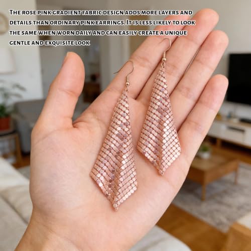 Mesh Sequin Tassel Long Drop Earrings for Women, Lightweight Metal Grid Fringe Dangle Earrings, Colorful Sparkly Alloy Wedding Bridal Party Jewelry (1 pair) - color: Rose Gold