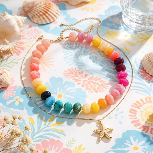 YUJIE Chunky Heart Pendant Necklace for Women- Exaggerated Statement Puff Heart Necklace with Acrylic Beaded Chain - color: B-Multi colour-starfish