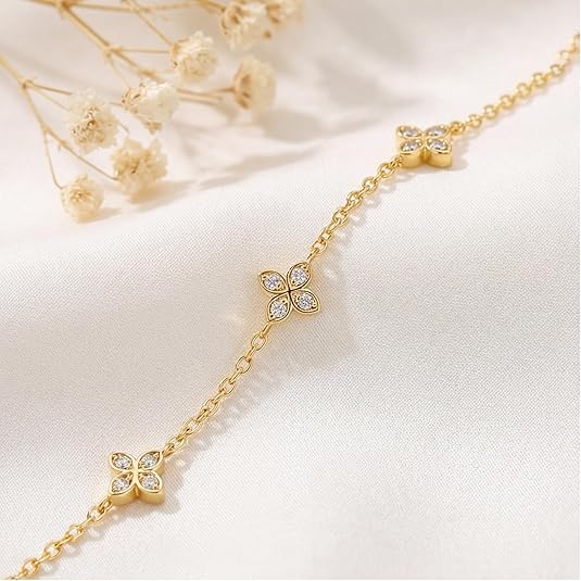 14K Gold Flower Ankle Bracelets for Women with Cubic Zirconia Four-Leaf