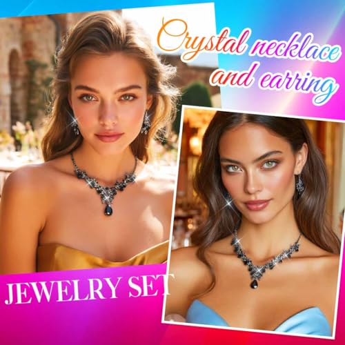 Rhinestone Bridal Wedding Jewelry Sets Gold Necklace Earrings Set Leaf Prom Formal Costume Jewelry Set for Women and Brides - color: Black