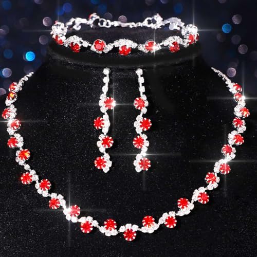 Aukmla Bridal Wedding Jewelry Set Silver Rhinestones Choker Necklaces Earrings Bracelet Sets Prom Jewelry for Women and Brides - color: Red