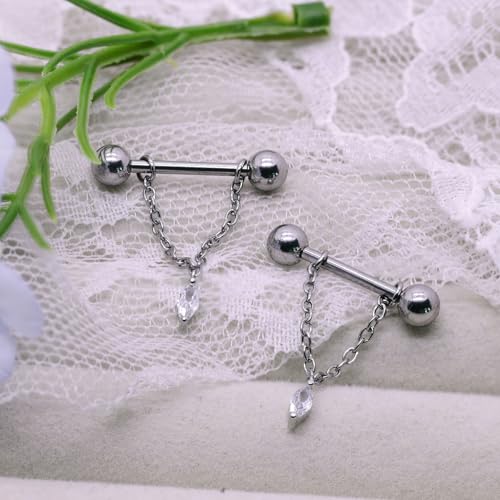 14G Nipple Rings for Women 316L Stainless Steel Dangle Nipple Barbell Nipple Studs Rings Nipple Piercing Jewelry - color: silver