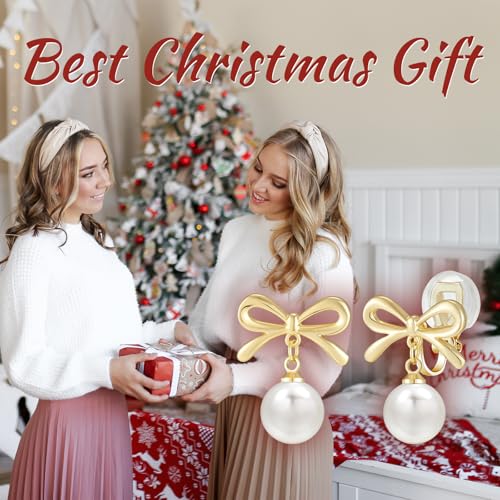 YOQUCOL Golden Bow Clip On Stub,Danle Drop Earrings for Women Simulated Pearl Christmas Xmas Bowknot Non Pierced Earrings - color: Dangle Clip-03