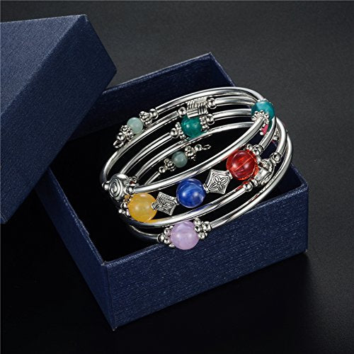 Beaded Pearl Bangle Wrap Bracelet - Fashion Bohemian Jewelry Multilayer Charm Bracelet with Thick Silver Metal Beads, Gift For Women - color: Colorful