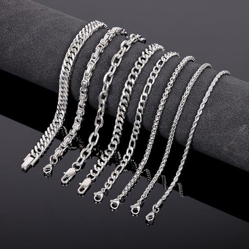 8Pcs Stainless Steel Bracelets for Men Women Sturdy Cuban Link Bracelet Curb Rope Figaro Paperclip Chain Bracelets Set Jewelry Gifts for Men, 6.9/7.5/8.3/9 Inches - color: Silver