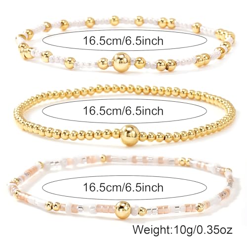 Gold Beaded Bracelet Stack for Women Colorful Small Seed Beads Bracelets Set Boho 14K Gold Plated Ball Stackable Stretch Non-Tarnish Dainty Jewelry Trendy Accessory Friendship Gift - color: pale pink and white