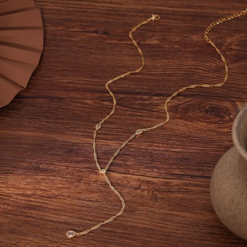 Long Necklaces for Women, Cute 14K Gold Plated CZ Drop Necklace | Dainty Gold Necklace, Simple CZ Teardrop Clover Y Shaped Lariat Necklace,Statement Non Tarnish Necklace, Trendy Gold Jewelry - color: Gold-Drop 4