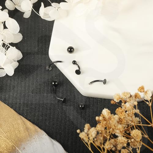 ZS 16G Devil Curved Barbell Lip Ring, Stainless Steel 6/8/10/12mm Long Bar Belly Button Ring, Flat Back Tiger Teeth Vertical Labret Lip Rook Navel Piercing Jewelry - color: Black, size: L:10mm