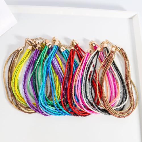Colorful Multi-layered Seed Beaded Necklace Choker For Women Bohemian Handmade Crystal Stone Gemstone Hawaiian Necklace Holiday Birthday Summer Beach Jewelry Gift - color: Yellow