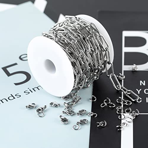 Silver Stainless Steel Chain Link 16.4 Feet Oval Paperclip Cable Necklace Chains Bulk with Lobster Clasps and Jump Rings for Men Women Jewelry Chain DIY Making - color: Steel Paperclip Chain_17x7mm