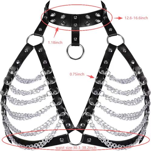 Punk Layered Chest Chain,Leather Bra CageStyle Shoulder Strap,Punk Black Leather Chest Harness Body Waist Chain Belt Rave Nightclub Belly Bra Jewelry Accessor for Halloween Carnival