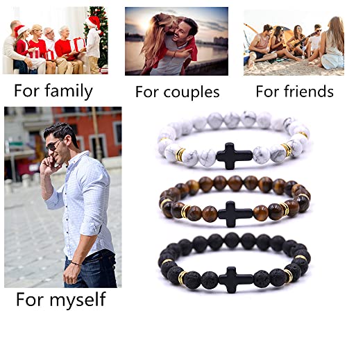 Beaded Bracelets Cross Bracelet for Women Men Lava Rock Turquoise Tiger Eye Natural Bracelet Anxiety Healing - color: 3Pcs-black cross
