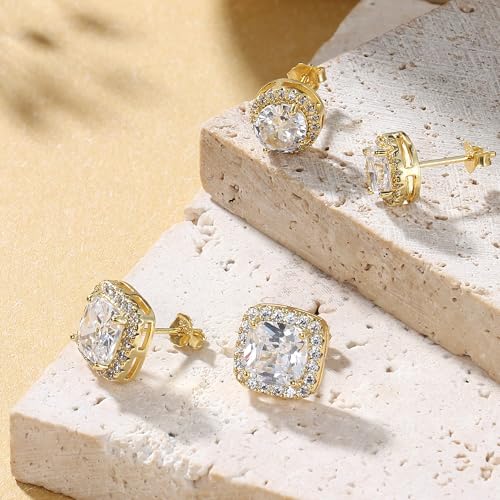 18K Gold Plated Halo Stud Earrings 925 Sterling Silver Cubic Zirconia Stud Earrings Round Square Diamonique Stud Earrings Set for Women Men - color: Gold&White