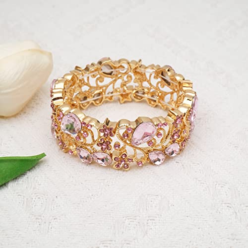 CSY Elegant Crystal Costume Jewelry Sets Flower Bridal Necklace Earrings Stretch Bangle Set for Bride Bridesmaid Wedding Dress Accessories - color: pink crystal