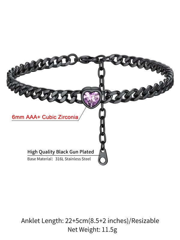 ChainsHouse Cuban Chain Anklets for Women with Heart Birthstone Jan - Dec | Stainless Steel Black Link Chain Ankle Bracelet with Birthstone, Beach Women Anklet 22cm-27cm Adjustable, with Gift Box - color: 06. Jun.-Alexandrite-Black