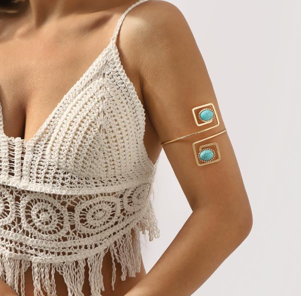 XAM Retro Turquoise Geometric Open Cuff Bracelet - Metal Arm Bands with Stone Inlays for Women, Bohemian Festival Jewelry - color: A