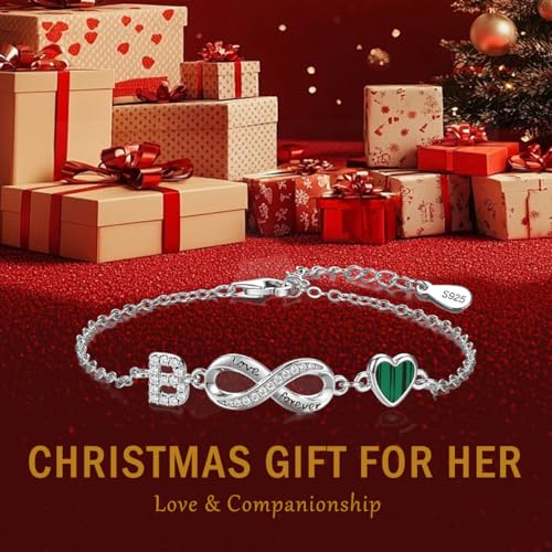 925 Sterling Silver Adjustable Letter Bracelets Infinity Heart Emerald Charm Link Bracelet ,Personalized Charm Alphabet Jewelry Valentines Christmas Mother’s Day Birthday Gifts - color: B