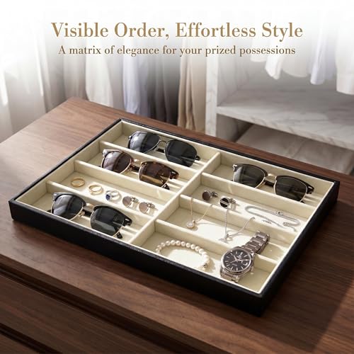 Stratalife 8 Grids Drawer Sunglasses Organizer Tray, Beige PU Velvet | Stackable Eyeglasses Storage Case with Removable Dividers, Jewelry Display Case for Necklace Bracelet, 13.78x9.5x1.2inch - color: Beige-02