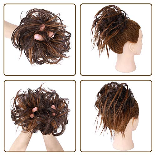 HMD Tousled Updo Messy Bun Hair Piece for Women Synthetic Hair Extension | Messy Bun Hair Piece with Elastic Scrunchie Synthetic Tousled Updos Ponytail Hairstyles for Daily Wear - color: 6AH30# (Dark Brown & Light Auburn)