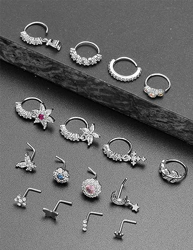 Akeoqi 18Pcs Nose Rings Hoops L Shape Nose Studs Screw Bone CZ Butterfly Flower Cross Leaf Star Crown Heart Nose Nostril Piercings Jewelry Set For Women Men Gold Silver Tone 20G - color: B1:Silver-18PCS
