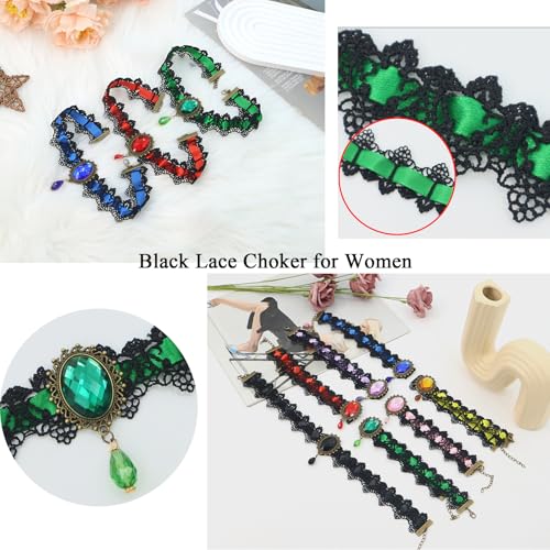 Gothic Lace Choker Vampire Necklace for Women,Black Lace Red Crystal Pendant Necklaces for Halloween,Goth Black Necklace Jewelry Witch Costume Vampire Accessories - style: Style Blue