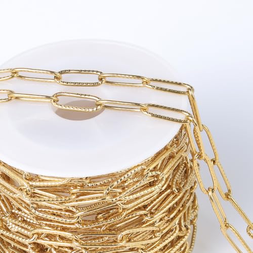 16.5FT Gold Paperclip Chain 4.3mm Stainless Steel Chain for Jewelry Making | 18K Gold PVD Plated Textured Cable Link Chains Roll Bulk for Necklace Bracelet Crafts - color: gold color