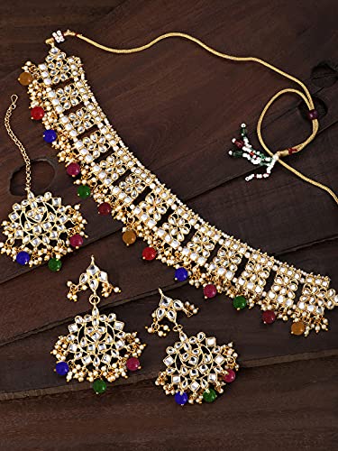 Aheli Elegant Indian Faux Kundan Studded Choker Necklace with Maang Tikka Set Ethnic Wedding Wear Bharatanatyam jewellery set Gift for Women - color: Multicolor